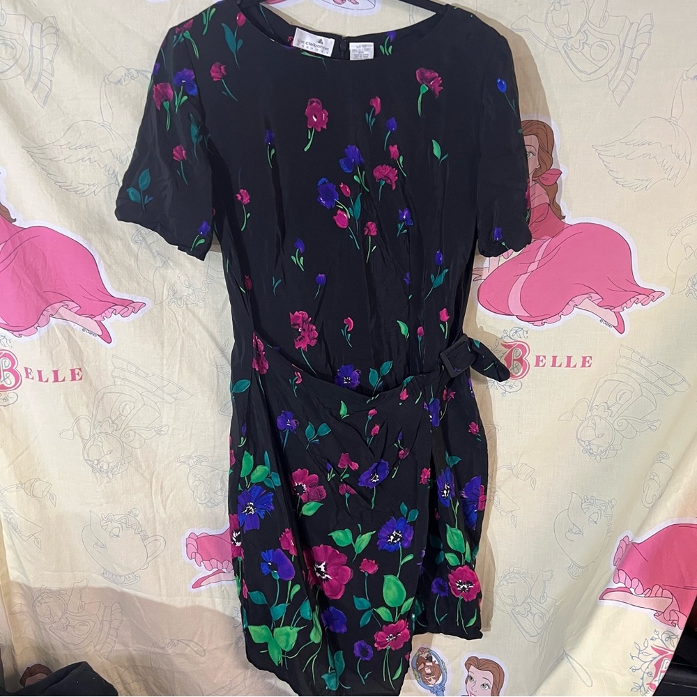Vintage Liz Claiborne Silk Black Floral Midi Dress